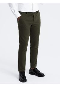 Ombre Clothing - Spodnie męskie chino SLIM FIT z delikatną teksturą - ciemnooliwkowe V4 - Rozmiar: XXL. Kolor: oliwkowy. Materiał: bawełna, materiał