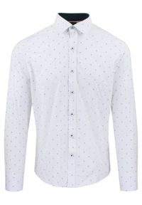 Męska Koszula, Taliowana (Slim Fit) - Rigon - Biała, Delikatny Wzór. Okazja: do pracy, na spotkanie biznesowe. Kolor: biały. Materiał: bawełna, poliester, elastan. Długość rękawa: długi rękaw. Długość: długie. Styl: wizytowy, elegancki, biznesowy #1