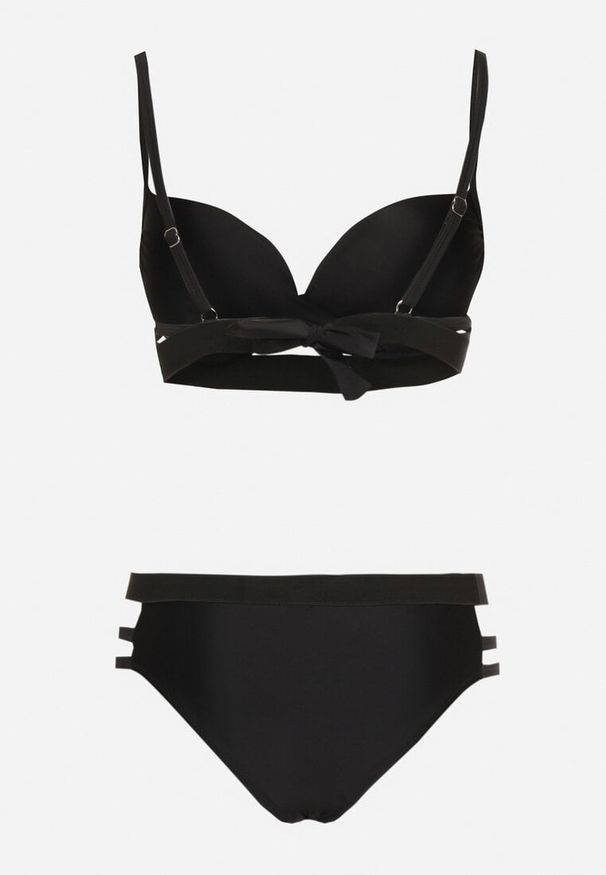 Born2be - Czarne Bikini Biustonosz z Wiązaniem i Majtki Figi Zdobione Wycięciami Kinelena. Kolor: czarny. Materiał: len. Wzór: aplikacja