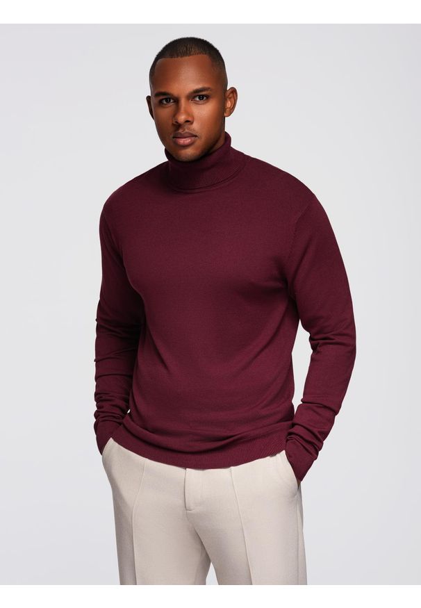 Ombre Clothing - Męski jednokolorowy dzianinowy golf z wiskozą – bordowy V4 - Rozmiar: XL. Okazja: na co dzień. Typ kołnierza: golf. Kolor: czerwony. Materiał: dzianina, wiskoza. Wzór: gładki, jednolity, aplikacja. Styl: casual, klasyczny