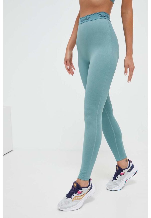 Calvin Klein Performance legginsy treningowe CK Athletic kolor zielony gładkie. Stan: podwyższony. Kolor: zielony. Materiał: skóra. Wzór: gładki