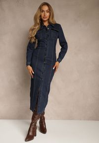 Renee - Granatowa Taliowana Sukienka Jeansowa o Koszulowym Fasonie Nezavia. Kolor: niebieski. Materiał: jeans. Typ sukienki: koszulowe. Styl: elegancki. Długość: midi #4
