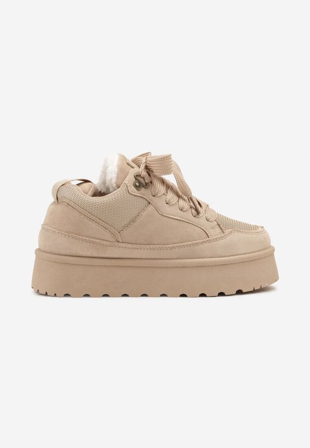 Born2be - Ciemnobeżowe Sznurowane Śniegowce Sneakersy na Grubej Podeszwie Vamitte. Okazja: na co dzień, na spacer. Kolor: beżowy. Materiał: jeans, futro. Styl: klasyczny, sportowy, casual