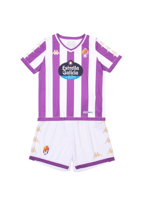 Kappa - Dziecięcy zestaw domowy Real Valladolid Kombat 2023/24. Okazja: do domu. Kolor: fioletowy, biały, wielokolorowy. Materiał: dresówka. Styl: sportowy