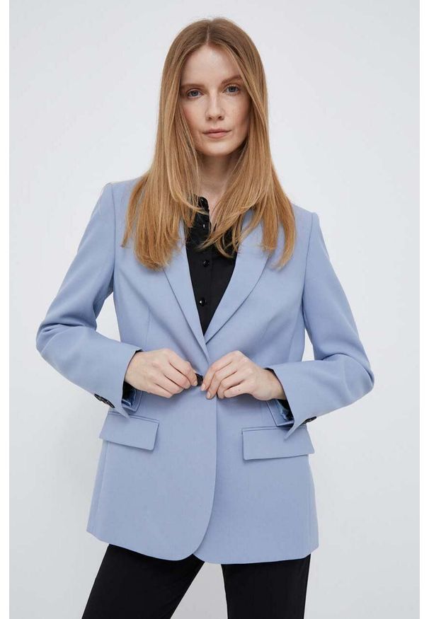 Calvin Klein marynarka kolor niebieski jednorzędowa gładka. Okazja: na co dzień. Kolor: niebieski. Materiał: tkanina, poliester. Wzór: gładki. Styl: casual, klasyczny