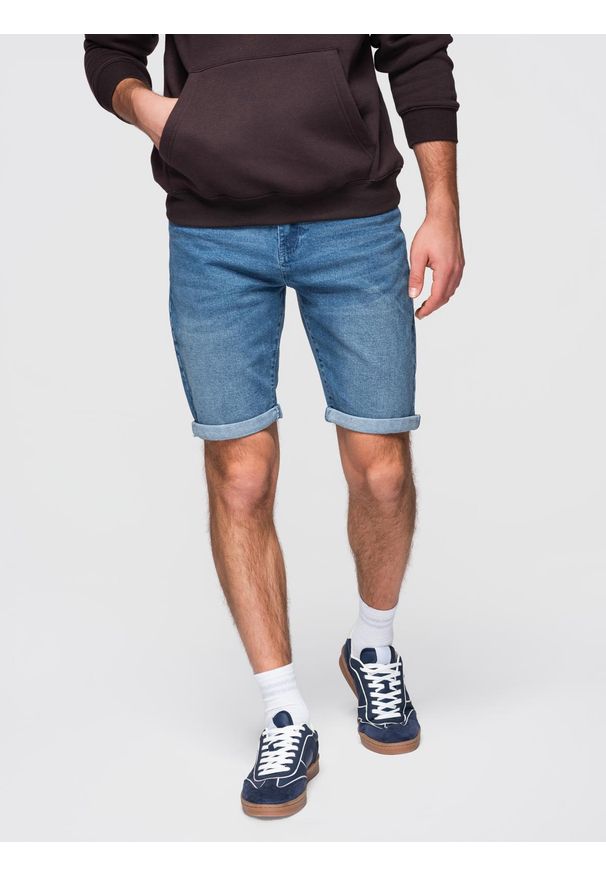 Ombre Clothing - Jeansowe szorty męskie z podwiniętą nogawką - niebieskie V2 - Rozmiar: M. Kolor: niebieski. Materiał: jeans. Wzór: aplikacja. Sezon: lato. Styl: klasyczny