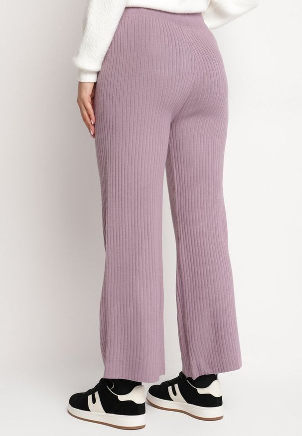 Born2be - Fioletowe Spodnie z Szerokimi Prążkowanymi Nogawkami Romese. Okazja: na co dzień, na spacer. Kolor: fioletowy. Materiał: prążkowany. Styl: elegancki, casual