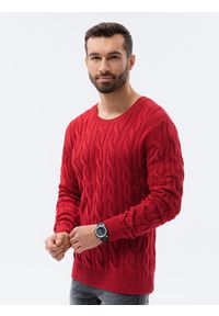 Ombre Clothing - Sweter męski z warkoczowym splotem E195 - czerwony - XXL. Okazja: na co dzień. Kolor: czerwony. Materiał: jeans, bawełna, akryl. Wzór: ze splotem. Styl: casual, klasyczny, elegancki #5