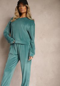 Renee - Ciemnozielony Komplet Dresowy z Weluru Luźna Bluza z Dekoltem w V i Elastyczne Spodnie z Kieszeniami Esparkia. Kolor: zielony. Materiał: dresówka, welur #5