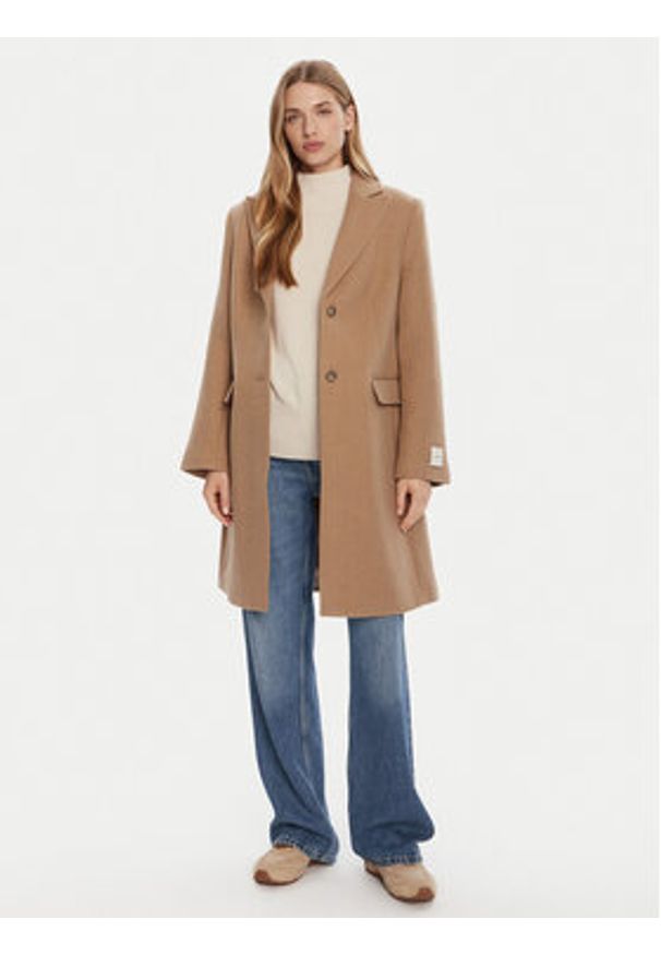 Calvin Klein Płaszcz wełniany LV044D558G Brązowy Slim Fit. Kolor: brązowy. Materiał: wełna