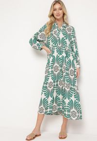 Born2be - Zielono-Biała Sukienka z Wiskozy z Podpinanymi Rękawami Zapinana na Guziki z Falbanką Kiosara. Typ kołnierza: dekolt w serek. Kolor: zielony. Materiał: wiskoza. Sezon: wiosna, lato. Styl: elegancki, klasyczny #2