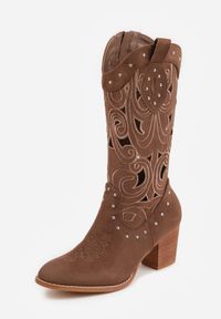 Born2be - Brązowe Botki Kowbojki VICES na Obcasie z Ażurową Cholewką z Nitami Rienatea. Okazja: na co dzień. Kolor: brązowy. Materiał: zamsz, jeans. Szerokość cholewki: normalna. Wzór: ażurowy. Obcas: na obcasie. Styl: casual. Wysokość obcasa: średni #4
