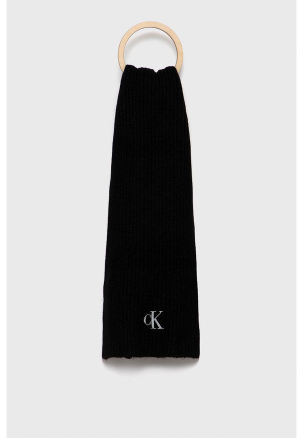 Calvin Klein Jeans Szalik z domieszką wełny K60K608370.4890 kolor czarny gładki. Kolor: czarny. Materiał: wełna. Wzór: gładki