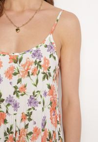 Born2be - Biało-Różowa Sukienka z Wiskozy na Cienkich Ramiączkach z Falbanką Jrinesa. Kolor: biały. Materiał: wiskoza. Długość rękawa: na ramiączkach. Sezon: lato #3