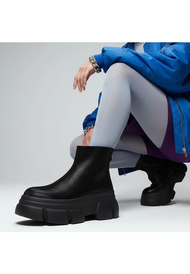 Czarne Botki S.Barski Modne Buty Damskie. Okazja: na co dzień. Kolor: czarny. Materiał: jeans. Szerokość cholewki: normalna. Sezon: zima, jesień. Obcas: na platformie. Styl: casual