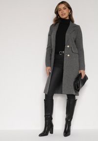 Born2be - Szary Elegancki Długi Płaszcz Dwurzędowy Oritusa. Okazja: na co dzień, na spacer. Kolor: szary. Materiał: jeans. Długość: długie. Styl: elegancki #5
