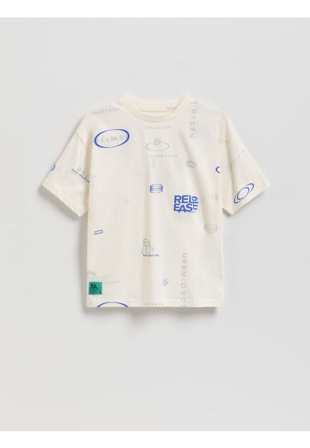 Reserved - Bawełniany t-shirt z nadrukiem - złamana biel. Materiał: bawełna. Wzór: nadruk