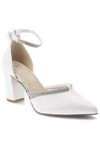 Czółenka damskie Marco Tozzi, ze skóry naturalnej na stabilnym słupku zapewniającym wygodę z paskiem wokół kostki poprawiającym dopasowanie i stabiln. Zapięcie: pasek. Kolor: biały. Materiał: skóra. Obcas: na słupku #6