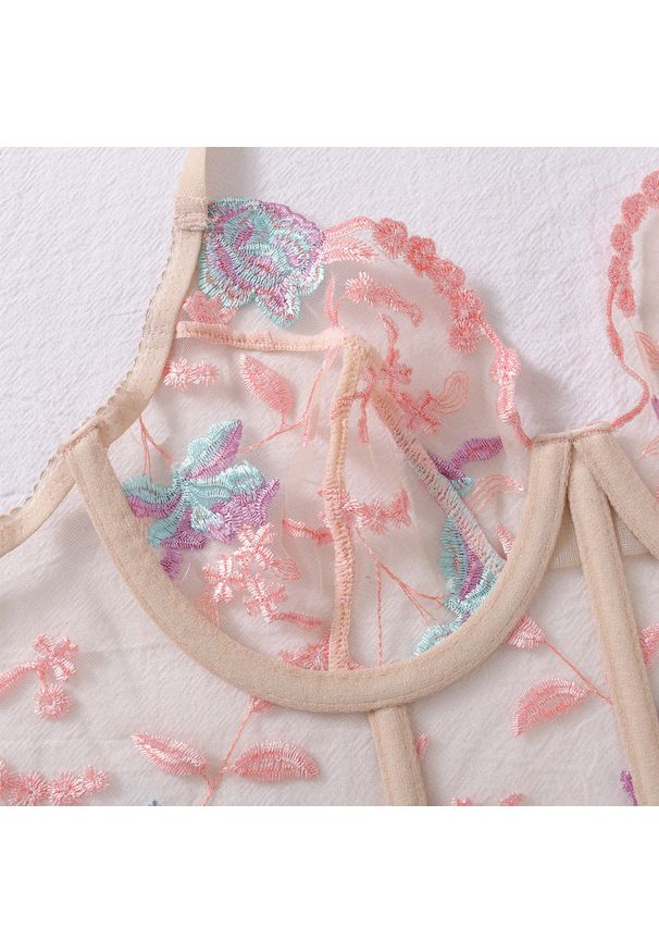 Intica - Komplet bielizny z gorsetowym biustonoszem i haftem na romantyczne wieczory Senija. Kolor: beżowy. Materiał: materiał. Wzór: haft