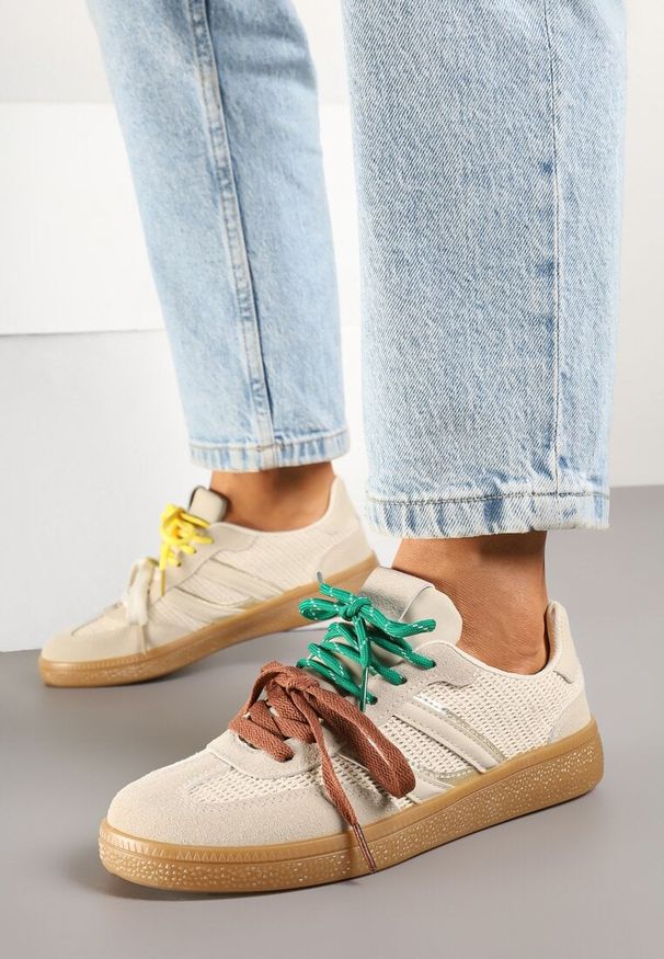 Born2be - Beżowe Sneakersy z Podwójnym Wiązaniem i Geometrycznym Wzorem Telanielia. Okazja: na spacer. Kolor: beżowy. Materiał: jeans. Wzór: geometria. Sport: turystyka piesza