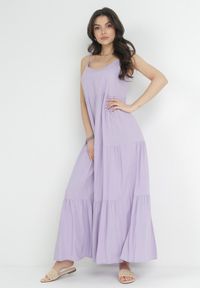 Born2be - Fioletowa Sukienka z Wiskozy na Ramiączkach z Falbanką Graesa. Kolor: fioletowy. Materiał: wiskoza. Długość rękawa: na ramiączkach. Styl: wakacyjny #3