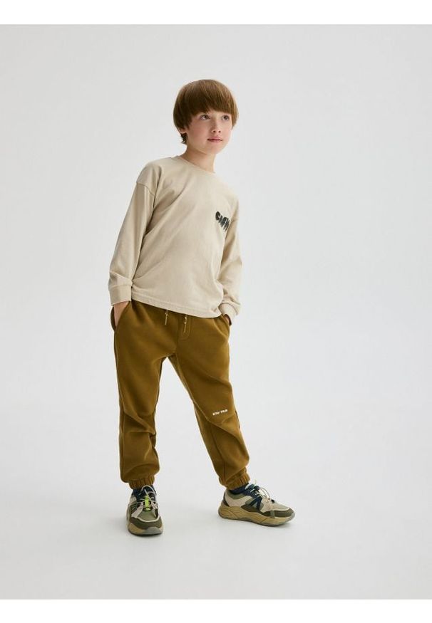 Reserved - Spodnie jogger z ociepleniem - brązowy. Kolor: brązowy. Materiał: bawełna, dzianina