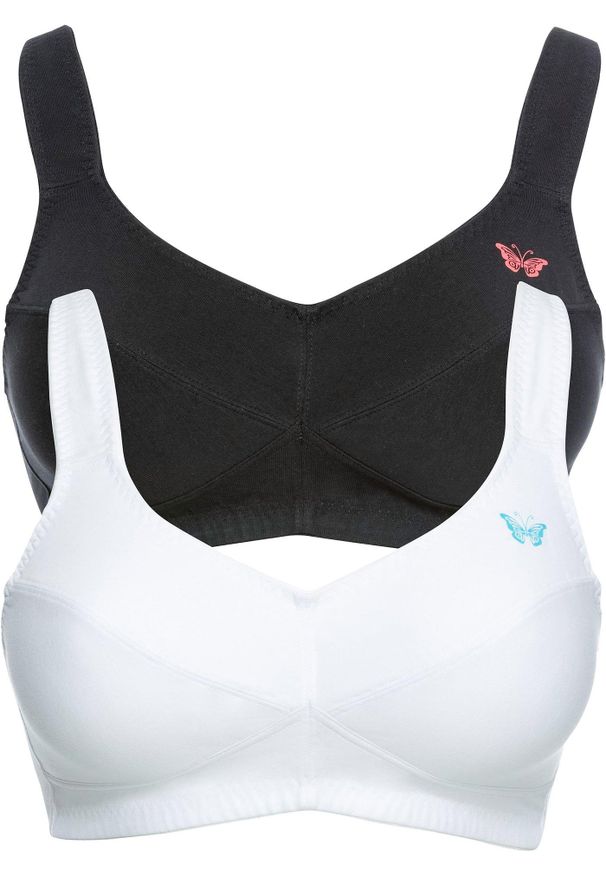 bonprix - Biustonosz bez fiszbinów z bawełną organiczną (2 szt.). Kolor: biały. Materiał: bawełna. Wzór: nadruk, aplikacja