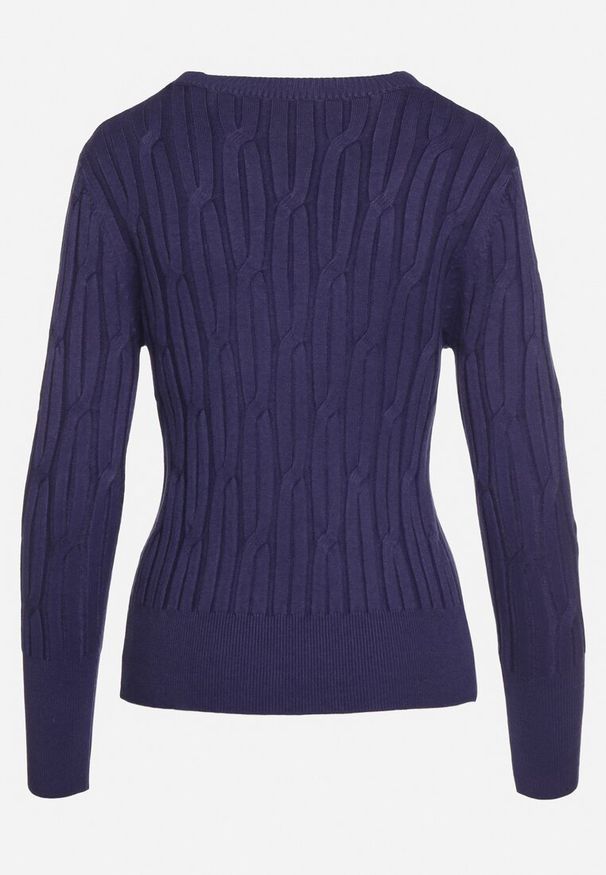 Born2be - Granatowy Sweter z Wiskozą Ozdobiony Tłoczeniem Savinia. Okazja: na co dzień, na spotkanie biznesowe. Kolor: niebieski. Materiał: wiskoza. Wzór: aplikacja. Styl: biznesowy, elegancki, casual