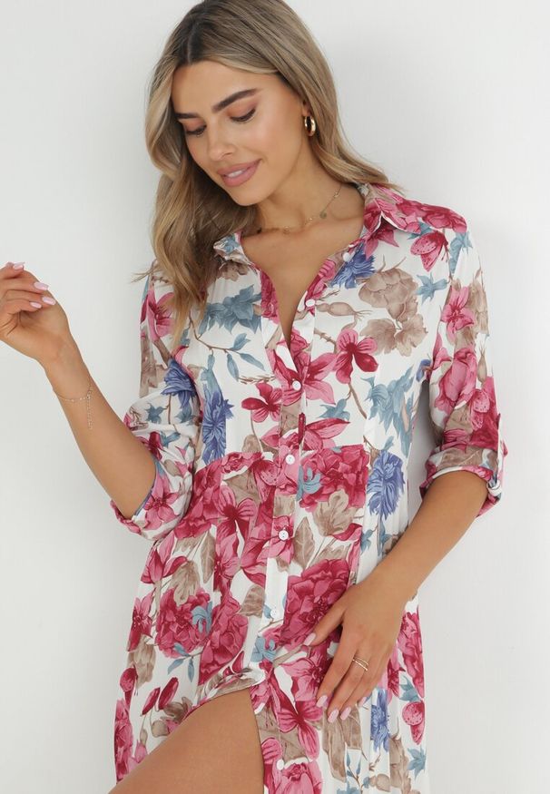 Born2be - Biała Sukienka Koszulowa z Rozcięciem w Kwiaty Vethere. Kolor: biały. Długość rękawa: długi rękaw. Wzór: kwiaty. Typ sukienki: koszulowe. Styl: elegancki. Długość: maxi