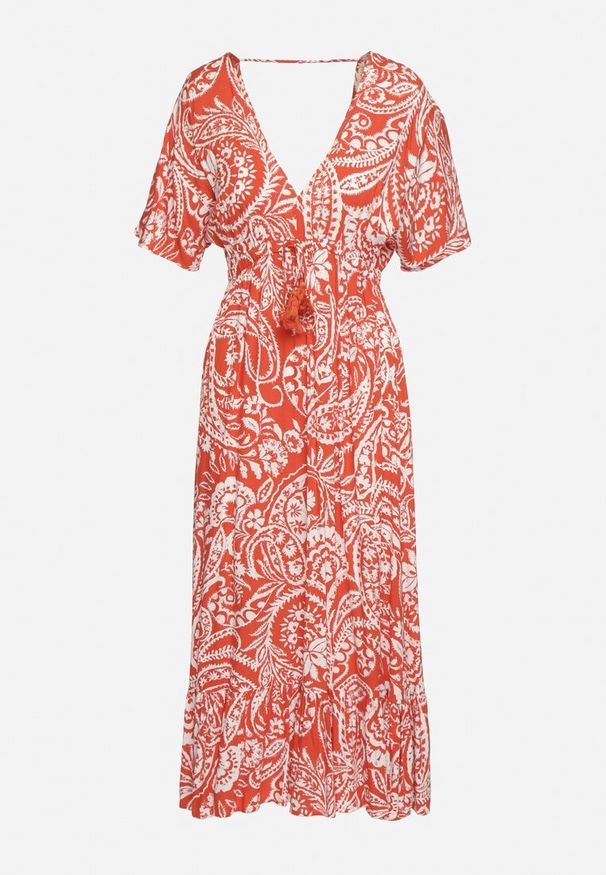 Born2be - Czerwona Sukienka W stylu Boho z Gumką w Pasie i Chwostami Wornima. Kolor: czerwony. Styl: boho