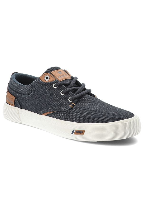 Granatowe Trampki Wrangler Stylowe Obuwie Męskie. Okazja: na co dzień. Zapięcie: sznurówki. Kolor: niebieski. Materiał: denim, skóra, materiał, guma. Szerokość cholewki: normalna. Styl: elegancki