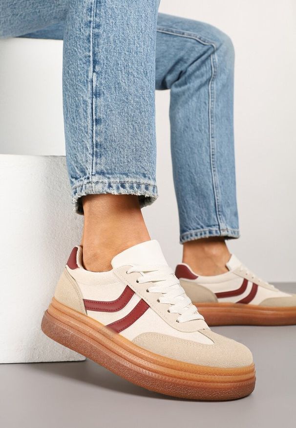 Born2be - Beżowo-Bordowe Sneakersy w Stylu Klasycznych Tenisówek na Grubej Podeszwie Grelritia. Okazja: na co dzień. Kolor: beżowy. Materiał: jeans