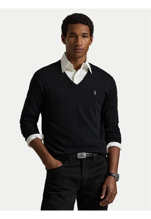 Polo Ralph Lauren Sweter Ls Sf Vn Pp 710670789003 Czarny Regular Fit. Typ kołnierza: polo. Kolor: czarny. Materiał: bawełna