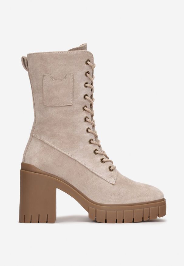 Renee - Beżowe Botki na Słupku i Platformie ze Sznurowaniem Ameni. Zapięcie: sznurówki. Kolor: beżowy. Materiał: jeans. Sezon: jesień. Obcas: na platformie