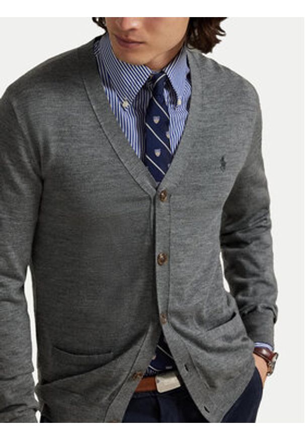 Polo Ralph Lauren Kardigan 710946144004 Szary Slim Fit. Typ kołnierza: polo. Kolor: szary. Materiał: wełna