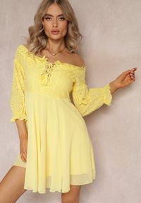 Renee - Żółta Sukienka z Rękawami 7/8 i Ozdobną Koronką Cascantha. Kolor: żółty. Materiał: koronka. Wzór: koronka #3