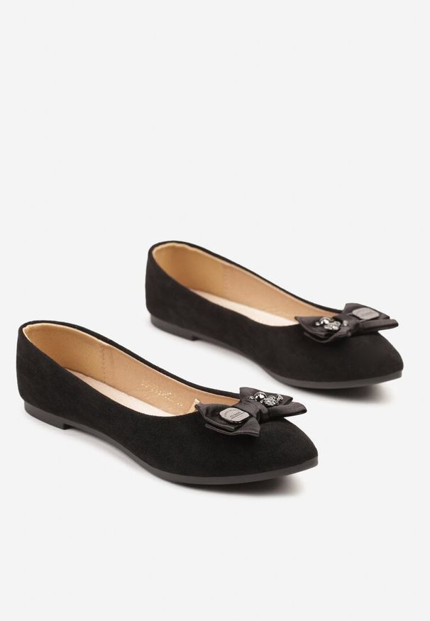 Born2be - Czarne Balerinki ze Skórzaną Wkładką z Kokardą Galethia. Okazja: na co dzień. Kolor: czarny. Materiał: skóra. Styl: elegancki, casual