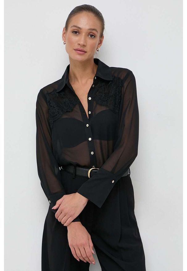 Marciano Guess koszula damska kolor czarny regular z kołnierzykiem klasycznym. Typ kołnierza: kołnierzyk klasyczny. Kolor: czarny. Materiał: tkanina, koronka. Wzór: gładki. Styl: klasyczny