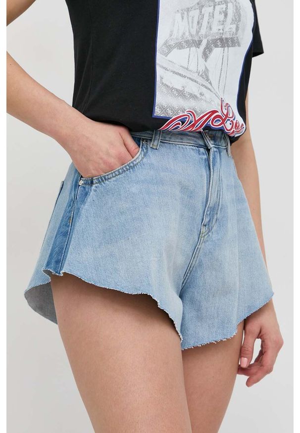 Pinko szorty jeansowe bawełniane damskie kolor niebieski gładkie high waist. Stan: podwyższony. Kolor: niebieski. Materiał: bawełna, jeans. Wzór: gładki