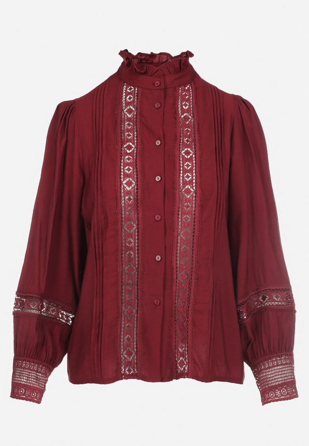 Born2be - Bordowa Koszula ze Stójką i Koronką Argochis. Typ kołnierza: kołnierzyk stójkowy. Kolor: czerwony. Materiał: koronka. Wzór: koronka