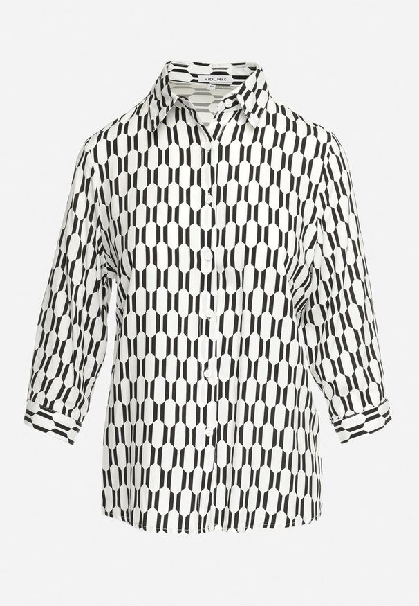 Born2be - Biała Koszula z Bawełny i Wiskozy z Rękawem 3/4 Semele. Kolor: biały. Materiał: wiskoza, bawełna. Wzór: geometria