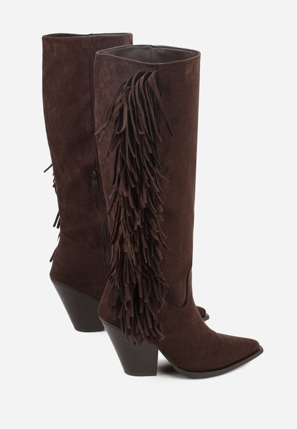 Renee - Ciemnobrązowe Kozaki Kowbojki z Imitacji Zamszu z Frędzlami i Stożkowym Obcasem Rafilea. Kolor: brązowy. Materiał: zamsz. Obcas: na obcasie. Wysokość obcasa: średni