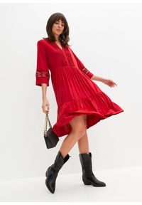 bonprix - Sukienka tunikowa z miękkiej wiskozy. Kolor: czerwony. Materiał: wiskoza, koronka. Wzór: koronka #3