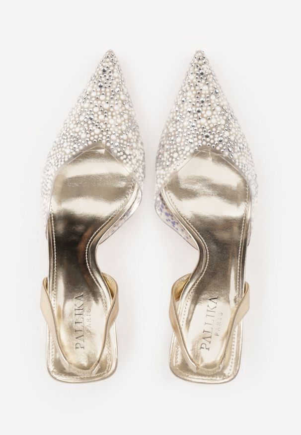 Born2be - Złote Czółenka z Transparentną Cholewką Perełkami i Cyrkoniami Jinnata. Kolor: złoty. Szerokość cholewki: normalna. Wzór: aplikacja. Styl: wizytowy, elegancki