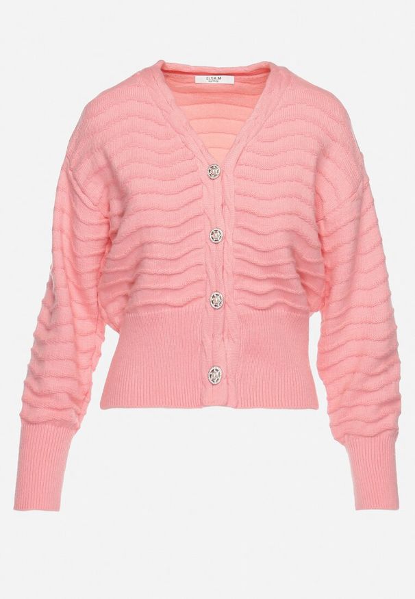 Born2be - Różowy Wiskozowy Kardigan ze Ściągaczami w Poziome Paski Mioriana. Kolor: różowy. Materiał: wiskoza. Wzór: paski. Styl: elegancki