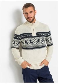 bonprix - Sweter ze stójką w norweski wzór. Typ kołnierza: kołnierzyk stójkowy. Kolor: beżowy #1