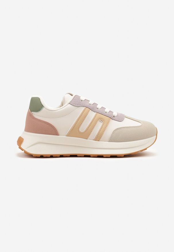 Renee - Beżowo-Fioletowe Sneakersy Ozdobione Geometrycznym Wzorem Eldvisa. Okazja: na co dzień. Kolor: beżowy. Materiał: jeans. Wzór: aplikacja, geometria