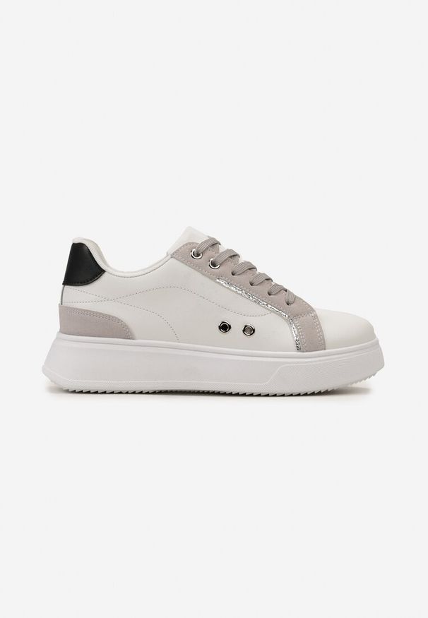 Renee - Biało-Szaro Sneakersy z Metalicznymi Wstawkami na Grubej Podeszwie Amoone. Okazja: na co dzień. Kolor: biały. Sport: turystyka piesza