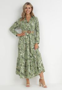 Born2be - Jasnozielona Sukienka z Roślinnym Wzorem i Plecionym Paskiem Nouylas. Kolor: zielony. Wzór: aplikacja. Typ sukienki: kopertowe, rozkloszowane. Długość: maxi #3
