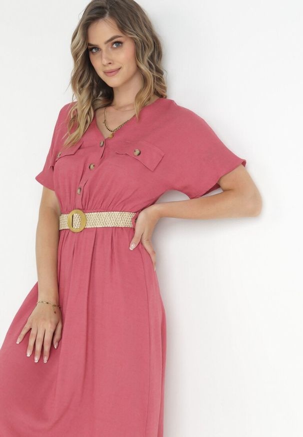 Born2be - Ciemnoróżowa Bawełniana Sukienka Midi z Gumką w Pasie i Paskiem z Klamerką Daylia. Kolor: różowy. Materiał: bawełna. Sezon: wiosna, lato. Długość: midi